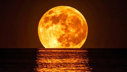 Brilliant orange full moon reflecting in dark water, glowing warmly against a midnight-hued sky