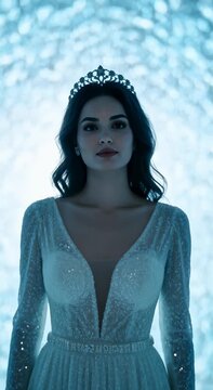 Elegant Woman in Crowned White Dress Poses in Sparkling Blue Light Show