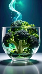 Broccoli filled glass bowl with green energy swirling around it on shiny surface against a dark blue background