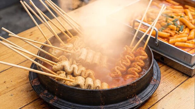 A steaming pot of Korean fish cake skewers (Odeng) served on a wooden table. The image shows the hot broth with rising steam and a side of spicy Tteokbokki in a metal tray. korean authentic food