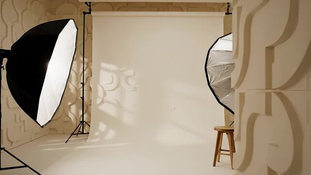 a photography studio with large softbox lights illuminating the backdrop. The light creates defined shadows on the textured wall, enhancing the studio setup.