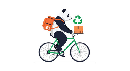A panda delivers packages on a green bicycle showcasing eco friendly delivery in a flat style silhouette high quality professional detailed modern © GDSneha02