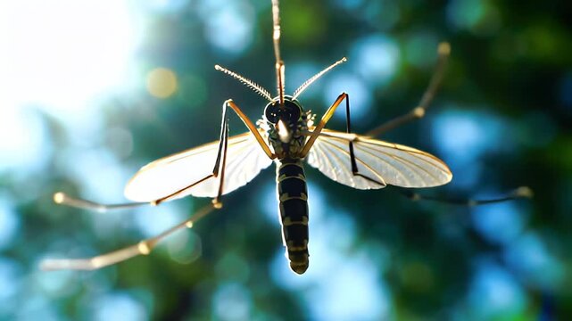Close-up of a mosquito in flight against a blurred background highlighting its delicate wings and intricate body structure with sun flare