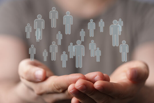 Human figures suspended above hands represents community, support, connection, network, and human interaction. Ideal fo