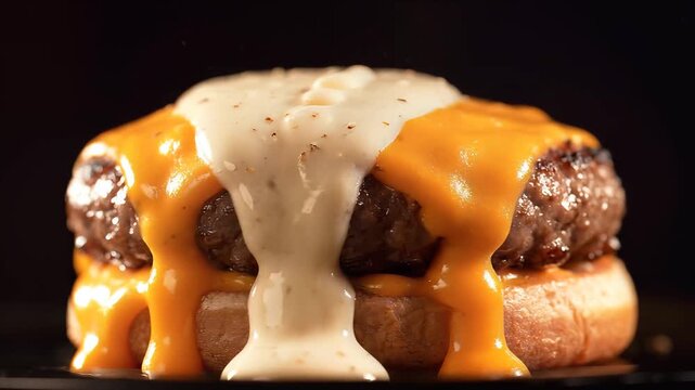 Delicious Gourmet Burger with Melted Cheddar and Creamy White Sauce on a Toasted Bun.