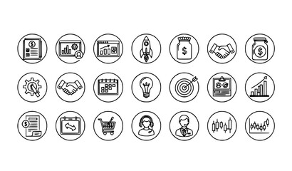Modern Monoline Business and Finance Circle Icons with Entrepreneurship and Startup Concepts