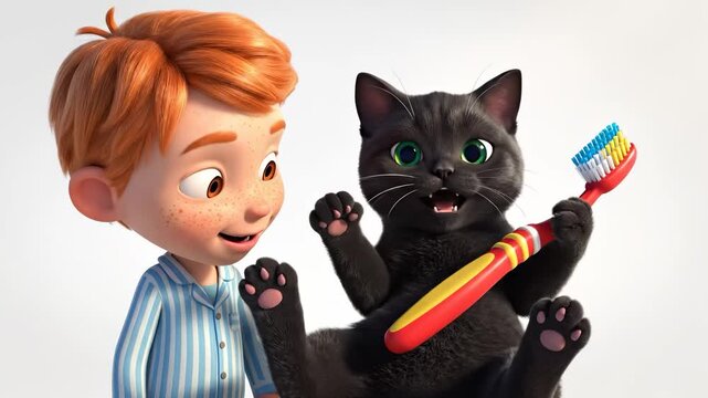 A boy and a cat are interacting in a playful manner. The boy smiles at the cat, who holds a toothbrush, creating a lighthearted atmosphere.