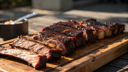 Smoked and grilled pork ribs cut into individual portions on wooden cutting board