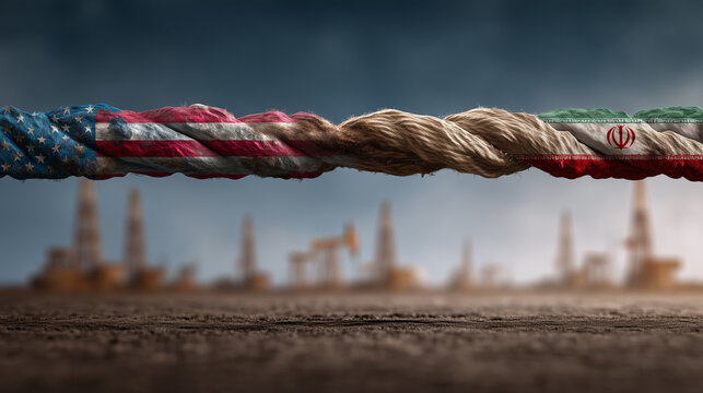 Twisted rope featuring American and Iranian flags symbolizes tension, with oil rigs in the background, concept of geopolitical rivalry, economic sanctions, resource control, Middle East conflicts