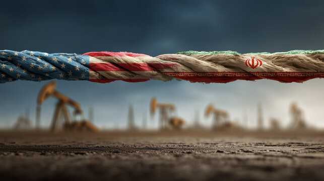 Rope featuring American and Iranian flags intertwined, with oil pumps in the background, concept of geopolitical rivalry, oil politics, economic sanctions, resource control, Middle East conflicts