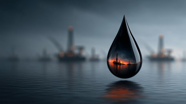 Oil droplet reflecting offshore oil rigs with a blurred background showcasing industrial structures and a dramatic sky, concept of crude oil production, offshore drilling, energy markets