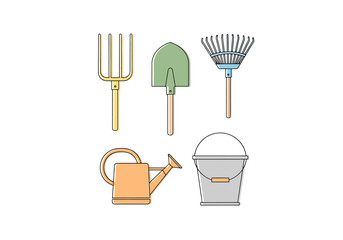 Collection of garden tools including a pitchfork shovel rake watering can and bucket set for outdoor maintenance and cultivation © Jonmart