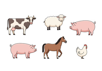 Farm Animal Collection Featuring Cattle Sheep Pig Horse and Chicken In Simple Cartoon Style Clean Background For Illustrative Purposes © Jonmart