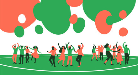 Fototapeta premium Group of Diverse People Dancing and Celebrating Joyfully Outdoors with Abstract Bubbles Overhead