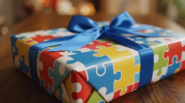 A colorful gift wrapped in puzzle-patterned paper sits on a wooden table. The blue ribbon adds a cheerful touch to the present, perfect for a special occasion.