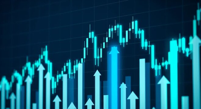 Digital Stock Market Growth Chart With Upward Arrows and Candlestick Graph, Financial Analysis