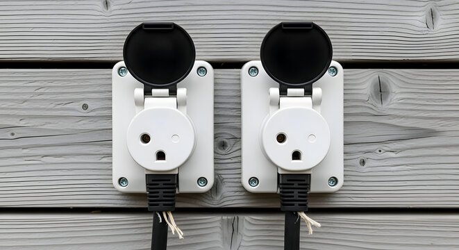 Two white electrical outlets with black covers mounted on a wooden wall.