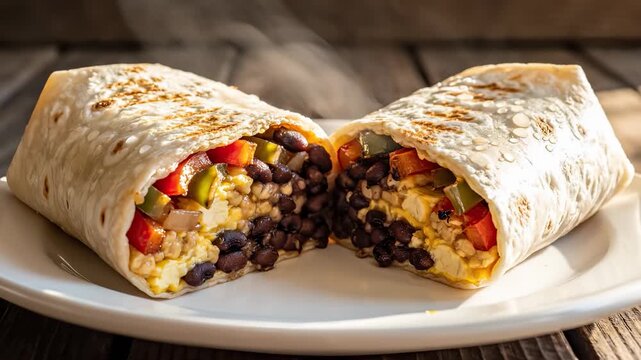 A wrapped burrito is displayed on a plate, revealing vibrant ingredients inside. The burrito features black beans, colorful vegetables, and steam rising from it.