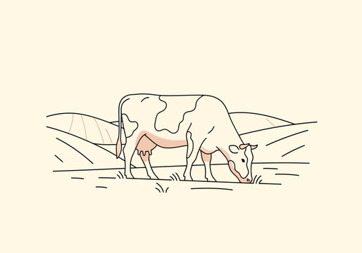 Farm animal grazing in pastoral landscape with rolling hills and dry grass under soft natural light a countryside scene