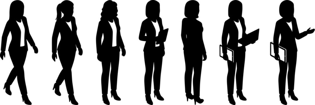 Business women silhouette vector illustration set, six black stylized figures in professional attire walking, standing, and holding work items