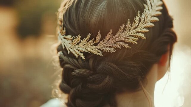 Close-up of a braided hairstyle with a golden leaf accessory