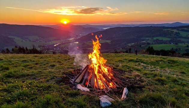 Osterfeuer auf H&uuml;gel mit Blick ins Tal