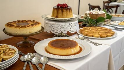 Table laden with variety of traditional Latin American desserts including flan and cakes