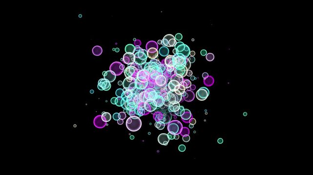 Water bubbles explosion particle effect on black background. Soap Bubbles exploding Perfect Geometric Shapes Animated