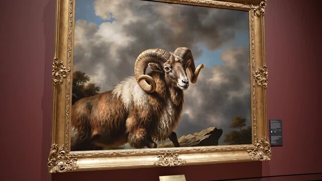 The painting features a large ram with impressive horns. The ram is set against a dramatic sky that enhances its striking presence.