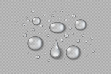 Realistic transparent water drops on isolated background. Liquid drop of water, top view. Condensation effect. Fresh wet spray, bubble, surface splash, top view. Vector pure water drop