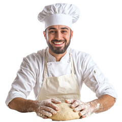 A smiling chef in a white uniform and hat, kneading dough on a white surface with flour around him.