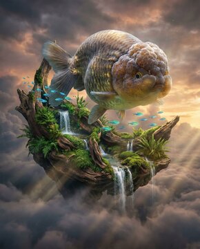 Detailed digital art of a majestic gold Ranchu goldfish floating above a mossy aquascape island with waterfalls in a cloudy sunset sky