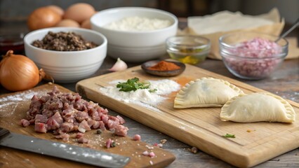 Raw ingredients for dumplings with meat filling and spices on wooden board