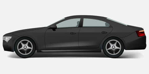 Realistic vector black sports car isolated on white background side 3D view