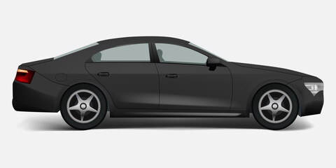 Realistic vector black sports car isolated on white background side 3D view