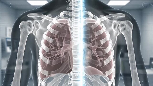 Detailed X-ray view of human torso anatomy focusing on ribcage and internal organs in a medical setting