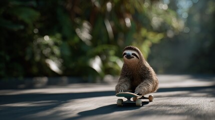 Fototapeta premium Happy sloth skateboarding on road surrounded by greenery sunny day
