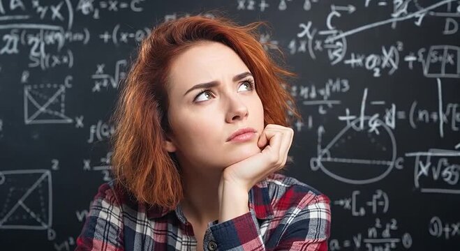 A thoughtful red-haired woman pondering complex math equations on a chalkboard