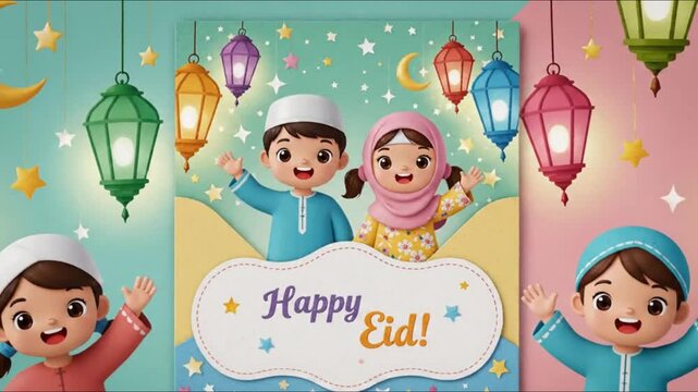 Kids Playful Eid Money Envelope_Playful Eid Mubarak money envelope template designed for children, featuring happy Muslim kids, colorful lanterns and bright pastel tones
