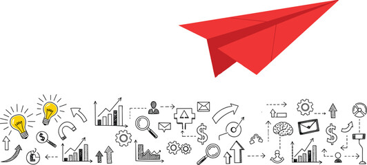 Red, paper, airplane, soaring, above, hand, drawn, business, icons, representing, startup, launch, innovation, strategy, growth, vision, creative, ideas, success, planning, © ferdousi