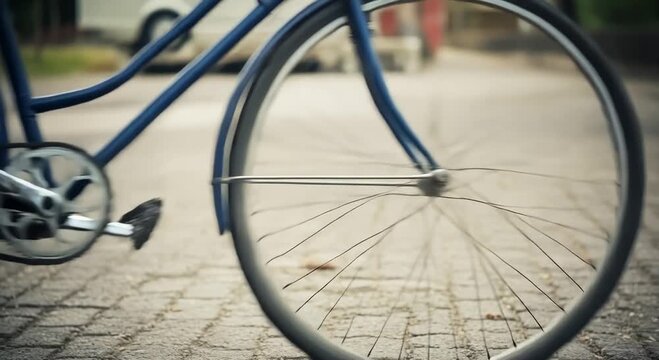 Close-Up of a Blue Bicycle Wheel and Crankset Rotating on a Cobblestone Street