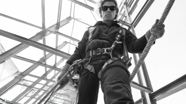 Construction worker ascends structure holding rope monochrome perspective