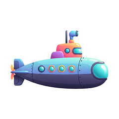 Animated illustration of a cartoon submarine with a periscope and portholes. The submarine has a blue hull, orange and pink cabin, and purple accents. Isolated on a transparent background.