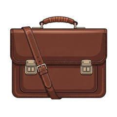 A detailed, realistic illustration of a classic brown leather briefcase. Features include a top handle, adjustable shoulder strap, and metallic brass buckles, presented on a transparent background.