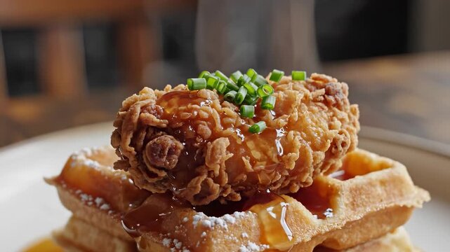 A stack of waffles is topped with crispy fried chicken and drizzled with syrup. Chopped green onions garnish the fried chicken on the waffles.