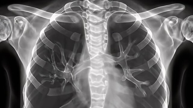 X-ray image of a human chest showing ribcage and lungs from a frontal viewpoint