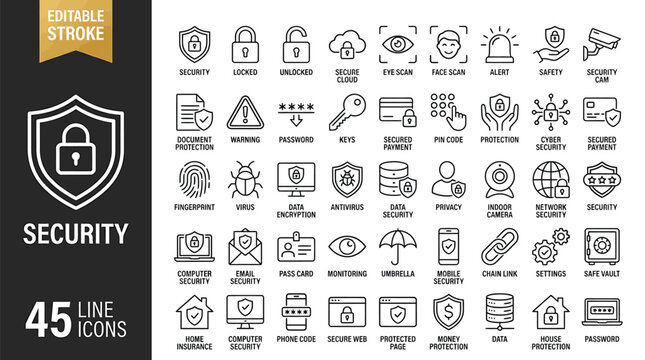 Security Line Icons Set &ndash; Cyber Protection, Surveillance and Safety Outline Vector Collection