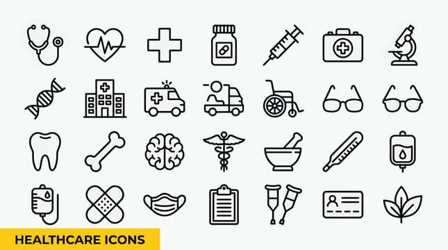 Healthcare Line Icons Set &ndash; Medical Equipment, Hospital and Medicine Outline Vector Collection