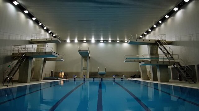 Indoor swimming pool with diving boards in a sports facility