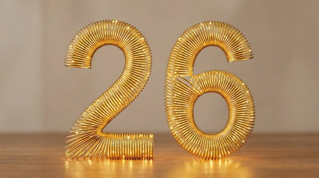 Golden Number 26 with Textured Surface on Wooden Table